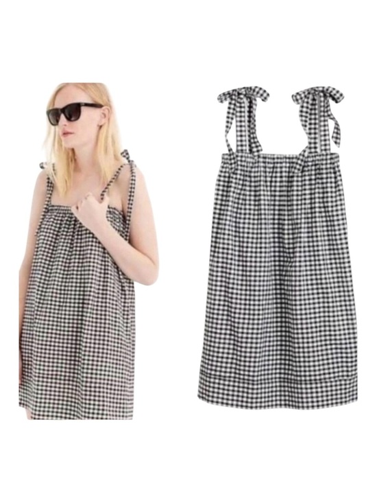 J. Crew Tops - J Crew black white gingham check top tunic, tie straps, sz small Elastic smocked